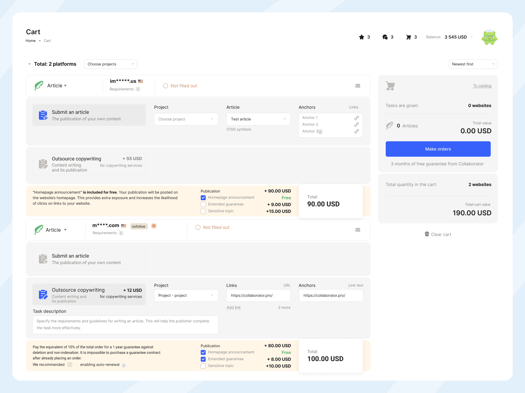 Collaborator cart page showing fields to assign a task to the selected websites