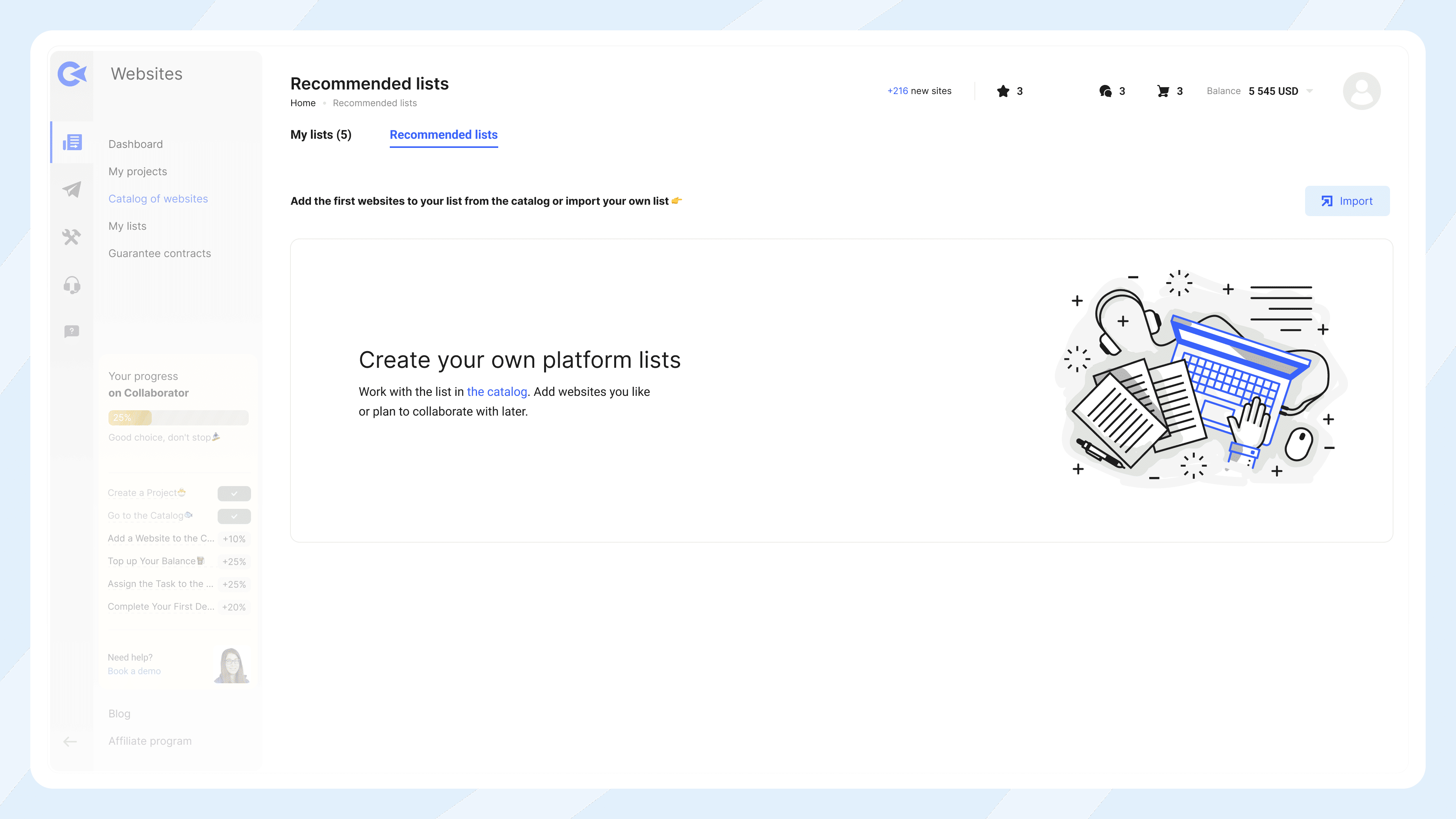 Collaborator platform Recommended lists section with empty state illustration encouraging users to create their own platform lists, featuring graphic elements of data management and collaboration tools