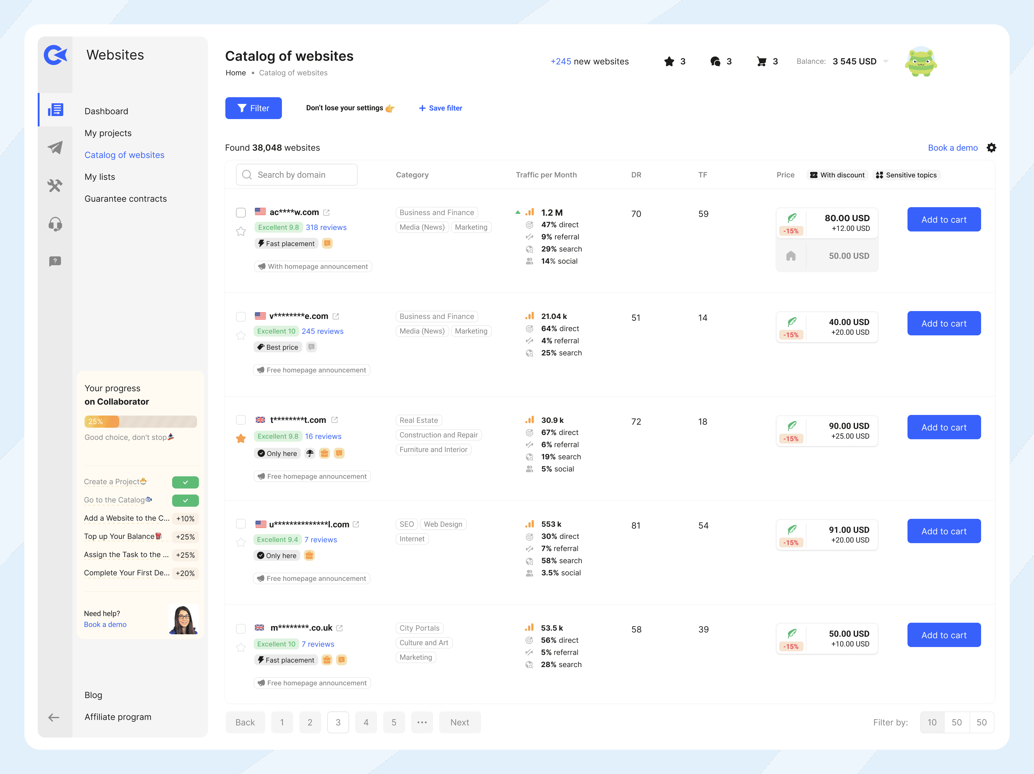 Collaborator website catalog with 38k+ websites featuring categories, traffic data, domain authority, and pricing for article placements